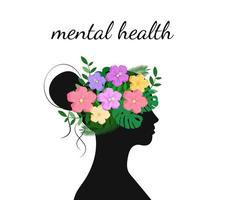 concepto de salud mental. flores y hojas en la cabeza de la mujer vector