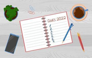 Goals for 2022 year. Target list written on notepad with pen vector