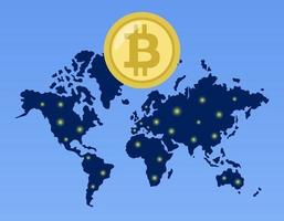 Crypto currency Bitcoin on world map. Glowing points of cities vector