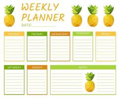 Linda plantilla de planificador semanal de calendario con piña vectorial vector
