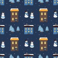 Seamless pattern with houses, snowmen and Christmas trees vector