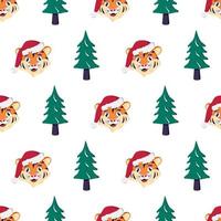 Seamless pattern with a Christmas tree and a tiger in a red Santa hat vector