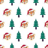 Seamless pattern with a Christmas tree and a tiger in a red Santa hat vector