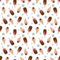 Seamless pattern with popsicle ice cream with chocolate, waffle cup vector