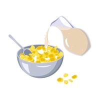 A bowl of cornflakes and a spoon. Milk is poured from a jug vector