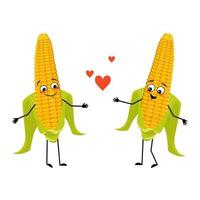 lindo personaje de mazorca de maíz con emociones de amor, cara de sonrisa vector