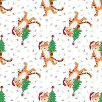 Seamless pattern with an orange striped tiger cub in a red Santa vector
