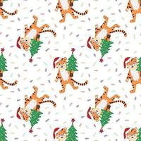 Seamless pattern with an orange striped tiger cub in a red Santa vector