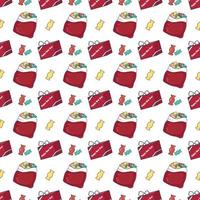 Seamless pattern with red boxes of gift for Happy New Year, Santa bags vector