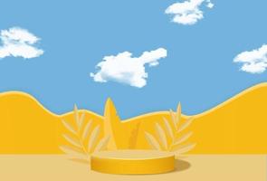 cylindrical podium on a yellow background with leaves vector