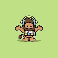 Lindo león escuchando música con personaje de dibujos animados de auriculares vector