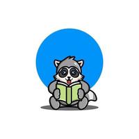 Cute raccoon reading book cartoon icon illustration vector