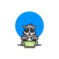Cute raccoon operating laptop cartoon illustration vector