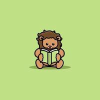 Cute lion reading book cartoon icon illustration vector