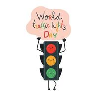 Cute traffic lights with faces and legs, hands hold pink cloud vector