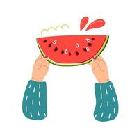 Woman hands holding slice of watermelon. Flat illustration. vector