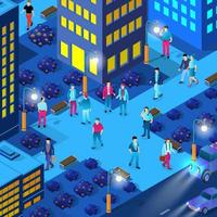 City downtown center night neon ultraviolet walking people vector
