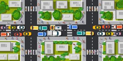 Road top view with highways many different vehicles. vector