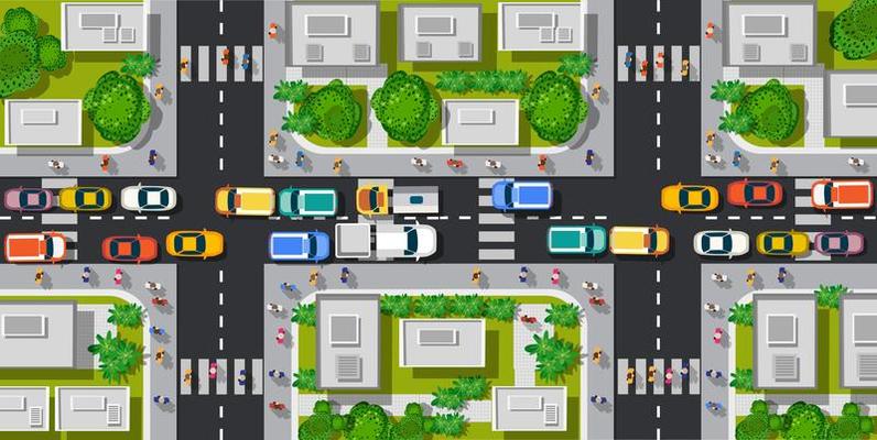 Road top view with highways many different vehicles.