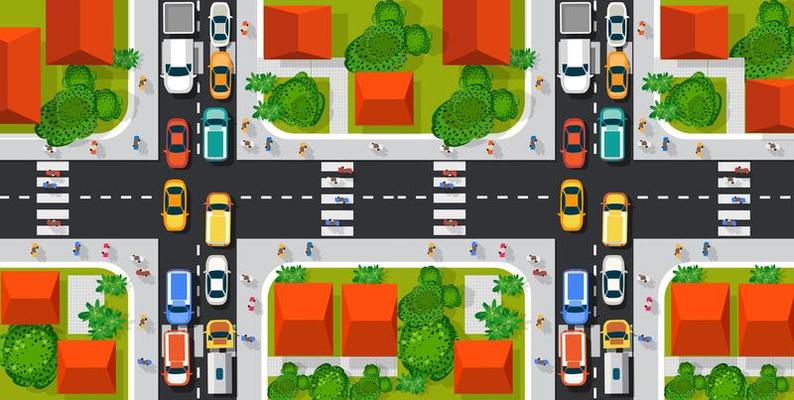 Road top view with highways many different vehicles.