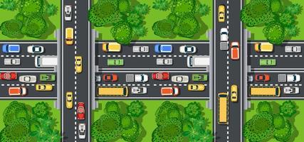 Road top view with highways many different vehicles. vector