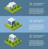 infografías de la ciudad en isométrica con rascacielos, calles y árboles. vector