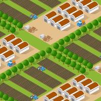 Rural isometric ranch farm with trees fields and garden vector