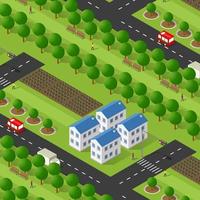 Rural isometric ranch farm with trees fields and garden vector