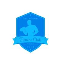 Fitness club logo, emblem in shield shape with strong athlete vector