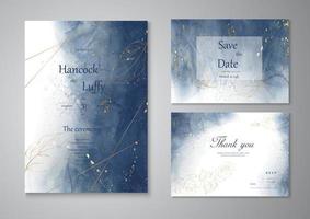 Wedding invitation card template with watercolor and golden line vector