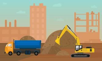 Construction site with equipment.  Excavator, cargo car unloading sand