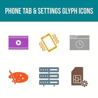 pestaña de teléfono única y conjunto de iconos de vector de configuración
