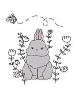 Cute little grey rabbit with flowers doodle character bunny isolated vector