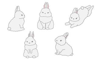 Cute baby white rabbit isolated line doodle illustrations collection vector