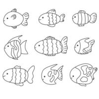 lindo pez bebé línea aislada conjunto doodle dibujado a mano colección mar vector