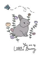 Cute grey rabbit flowers cartoon doodle character my little bunny vector