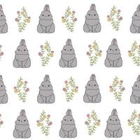 Cute white pattern flowers doodle rabbit Seamless background bunny vector