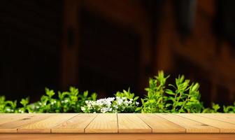 Wooden table top with the nature landscape photo