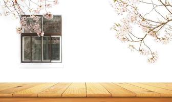 Wooden table top with the nature landscape photo