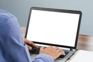 Hand typing keyboard computer screen mockup in office photo