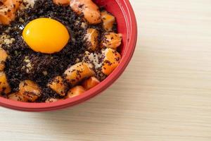 Japanese Rice with Fresh Salmon Raw, Tobiko and Egg photo