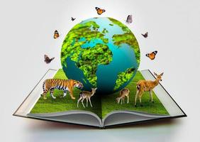 The globe is on the book and there are wild animals such as tigers photo