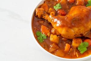 Homemade chicken stew with tomatoes, onions, carrot, and potatoes on plate photo