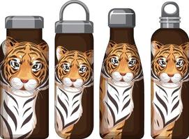 Set of different brown thermos bottles with tiger pattern vector