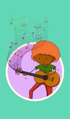 Cartoon doodle a boy playing guitar with melody symbols