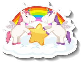 Two cute unicorns holding star together cartoon sticker vector