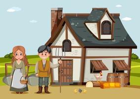 People in front of the medieval house style vector