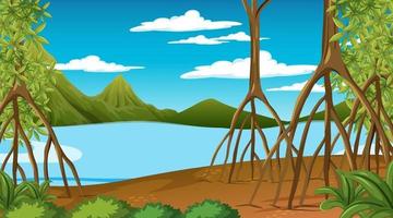 Nature scene with Mangrove forest at daytime in cartoon style vector