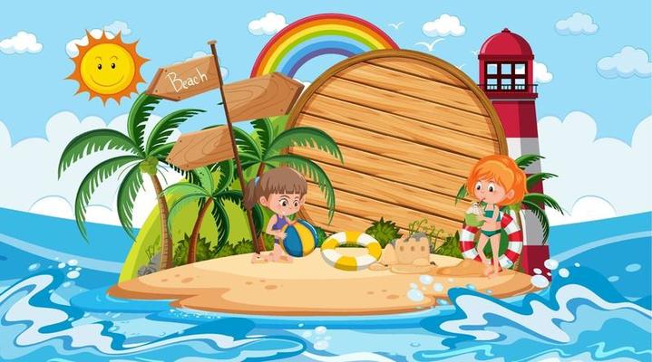 Empty banner template with kids on vacation at the beach daytime scene