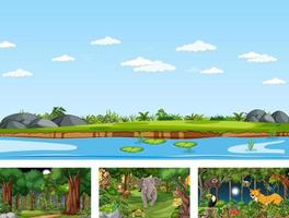 Set of different nature horizontal scene with various wild animals vector